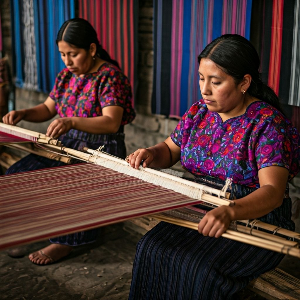 Artesanas mayas tejiendo en telares tradicionales